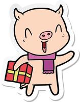 sticker of a happy cartoon pig with xmas present vector