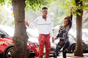 Handsome stylish african american couple posed at street together in love. photo