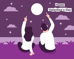 illustration vector graphic of a couple is looking at the full moon in the sky, showing the light of the stars and the night clouds, perfect for religion, holiday, culture, valentine, greeting card.