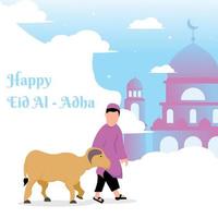 illustration vector graphic of someone is bringing a horned goat to the mosque, perfect for religion, holiday, culture, eid al adha, greeting card, etc.