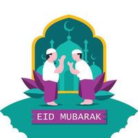 gráfico vectorial ilustrativo de dos personas dándose la mano en eid al-fitr, perfecto para religión, vacaciones, cultura, tarjeta de felicitación, etc. vector