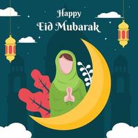 illustration vector graphic of Muslim women wish you a happy Eid behind the crescent moon, showing lantern, perfect for religion, holiday, culture, tradition, greeting card, etc