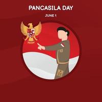 illustration vector graphic of a fighter is pointing at a symbol of the garuda pancasila with the background of the Indonesian state flag, perfect for pancasila day, celebrate, greeting card, etc