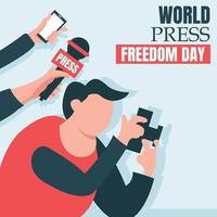 illustration vector graphic of a cameraman is taking a photo, showing two hands holding a microphone and a smartphone, perfect for world press freedom day, celebrate, greeting card, etc.