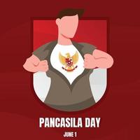 gráfico vectorial ilustrativo de un joven que se quita el pantalones para mostrar el símbolo de la garuda pancasila, perfecto para el día de la pancasila, celebración, vacaciones, tarjeta de felicitación, etc. vector