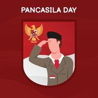 illustration vector graphic of a hero is saluting the flag, displaying the symbol of the garuda pancasila, perfect for pancasila day, nation, celebrate, greeting card, etc.