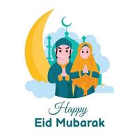 illustration vector graphic of a couple wishing you a happy eid al-fitr, showing moon and mosque background, perfect for religion, holiday, culture, tradition, greeting card, etc.