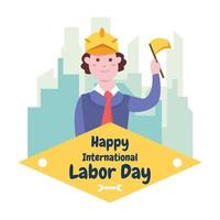 illustration vector graphic of a male worker holding up a yellow flag, perfect for holiday, labor day, celebration, greeting card, etc.