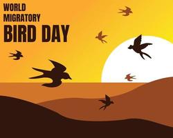 illustration vector graphic of swallow flying over the hill, showing the sunset,  perfect for world migratory bird day, celebrate, greeting card, etc.