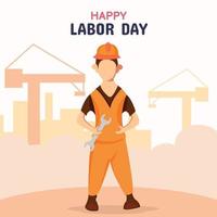 illustration vector graphic of a worker standing wearing a helmet and carrying a wrench, perfect for labor day, holiday, celebrate, greeting card, etc.