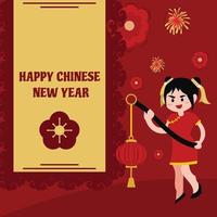 illustration vector graphic of a girl brings a lantern and celebrates chinese new year, perfect for chinese day, religion, holiday, culture, greeting card, etc.