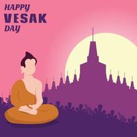 illustration vector graphic of a monk meditating in the temple grounds, perfect for religion, holiday, culture, vesak day, tradition, greeting card, etc.