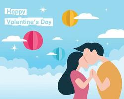 gráfico vectorial ilustrativo de una pareja tomándose de la mano en el fondo de la nube azul, mostrando tres globos voladores, perfecto para vacaciones, religión, cultura, san valentín, tarjeta de saludo, etc.