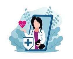 illustration vector graphic of female doctor holding heartbeat from inside smartphone monitor, displaying plus sign shield, perfect for medical, pharmacy, hospital, healthy, etc.