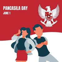 illustration vector graphic of a couple of teenagers standing together, showing the Indonesian national flag as a background, perfect for pancasila day, celebrate, holiday, greeting card, etc.