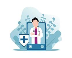 gráfico vectorial de ilustración de un médico masculino que usa estetoscopio dentro de un teléfono inteligente, mostrando un escudo de signo más, perfecto para medicina, farmacia, salud, hospital, etc. vector