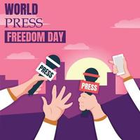 illustration vector graphic of four hands holding up the microphone and smartphone used for interview, perfect for world press freedom day, celebrate, greeting card, etc.