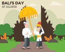 illustration vector graphic of a man is carrying an umbrella and a woman is carrying an offering in front of the handara gate, perfect for religion, holiday, culture, silence day, greeting card, etc.