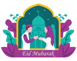 illustration vector graphic of Muslim couple shaking hands, showing mosque and plants in the background, perfect for religion, holiday, culture, tradition, greeting card, etc.