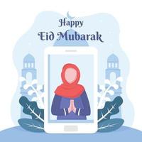 illustration vector graphic of a woman is wishing a happy eid al-fitr with a video call on a smartphone device, perfect for religion, holiday, culture, tradition, greeting card, etc.