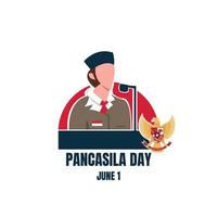 illustration vector graphic of a young man is giving a speech using a microphone, perfect for pancasila day, celebrate, holiday, greeting card, etc.