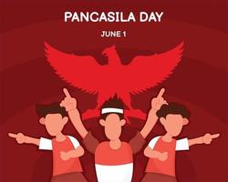 illustration vector graphic of three children are pointing their index fingers, showing the background of the garuda pancasila, perfect for pancasila day, celebrate, nation, greeting card, etc.