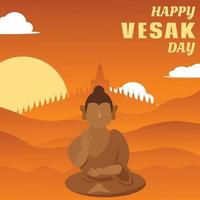 illustration vector graphic of Buddha is meditating in the afternoon, showing the background of the Borobudur temple, perfect for vesak day, celebrate, holiday, greeting card, etc.