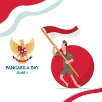 illustration vector graphic of a hero is standing carrying the Indonesian flag, displaying the Garuda Pancasila symbol, perfect for pancasila day, celebrate, nation, greeting card, etc.