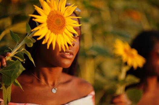 dos jóvenes amigas negras usan pose de vestido de verano en un campo de girasoles. foto