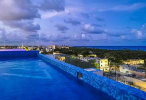 Cityscape caribbean ocean beach night panorama view Playa del Carmen. photo