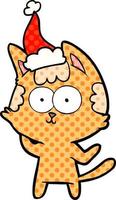 happy comic book style illustration of a cat wearing santa hat vector