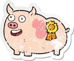 retro distressed sticker of a cartoon prize winning pig vector