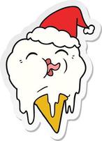 sticker cartoon of a melting ice cream wearing santa hat vector