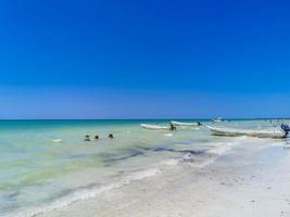 Holbox Quintana Roo Mexico 2022 Beautiful Holbox island beach sandbank panorama turquoise water people Mexico. photo