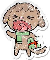 pegatina angustiada de un lindo perro de dibujos animados con regalo de navidad vector