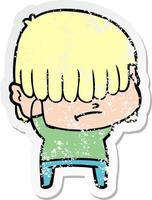 distressed sticker of a cartoon boy with untidy hair vector