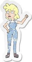 retro distressed sticker of a cartoon woman shaking fist vector