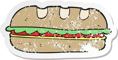 pegatina retro angustiada de un sándwich enorme de dibujos animados vector