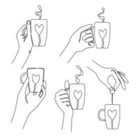 Set continuous line drawing of hands holding a cups of tea or coffee. Concept of a hot drink. Great for print, menu, card, invitation. Sketch, line art. Minimalist style. Vector illustration