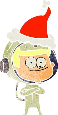 happy astronaut retro cartoon of a wearing santa hat
