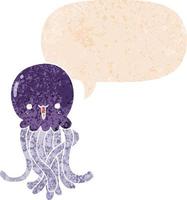 cartoon jellyfish and speech bubble in retro textured style vector