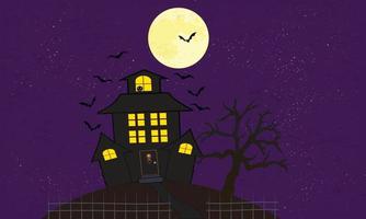 A haunted house on a hill with all the windows lit up under a full moon with bats flying in the starry night sky. vector