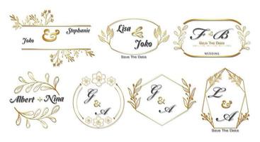 gold frame decor set, vintage calligraphy design and floral leaf with surround shape, invitation template, wedding, greeting card, etc. vector