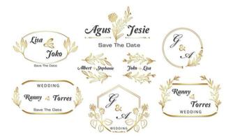 gold frame decor set, vintage calligraphy design and floral leaf with surround shape, invitation template, wedding, greeting card, etc. vector