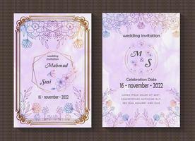 plantilla de tarjeta de invitación de boda hermosa y lujosa, diseño de marco de patrón de borde, decoración de línea de flores y hojas vector