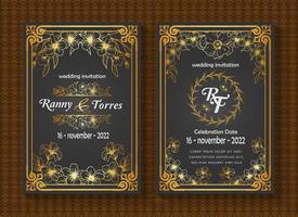 hermosa y lujosa plantilla de tarjeta de invitación de boda, diseño de marco de patrón de borde, decoración floral y de línea de hoja, sobre fondo negro vector