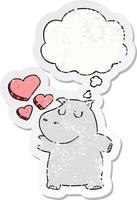 cartoon hippo in love and thought bubble as a distressed worn sticker vector