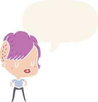 cartoon girl and punk hipster haircut and speech bubble in retro style vector