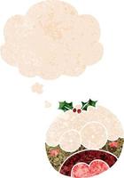 cartoon shocked chrstmas pudding and thought bubble in retro textured style vector