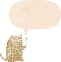 cute cartoon cat with flower and speech bubble in retro textured style vector